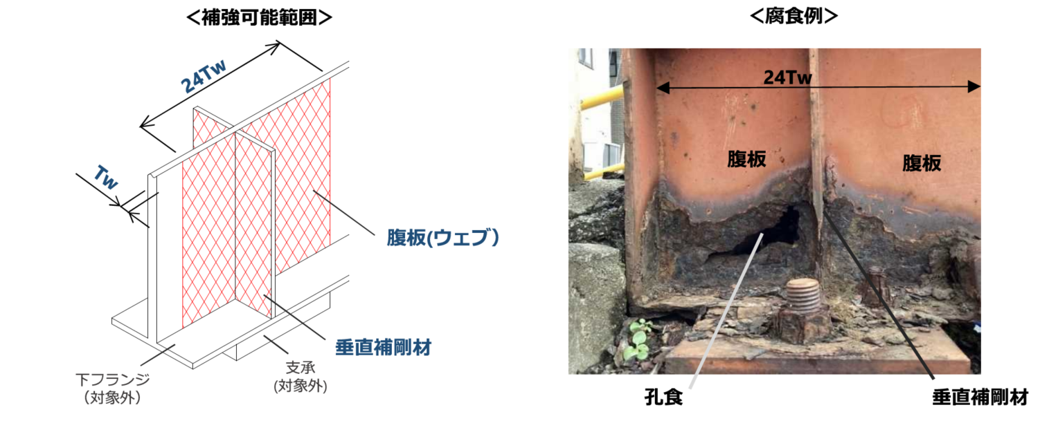 接着接合式CFRP補強材の補強可能範囲。垂直補剛材まわりの腹板(ウェブ)に、板厚Twの24倍(24Tw)を上限としてCFRP補強材を接着接合する。右は支点部の腐食例(孔食・垂直補剛材まわりの腹板腐食)